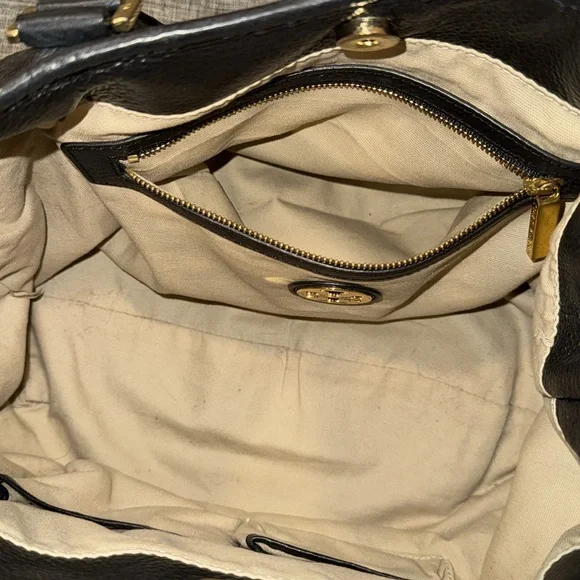 Tory Burch Bag Black and Gold Pebbled Leather Shoulder Bag with Strap - Picture 11 of 17